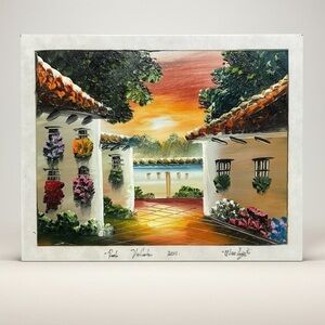 Original Ulises Lopez Torres Painting on Ceramic Tile - Mexican Villa Scene